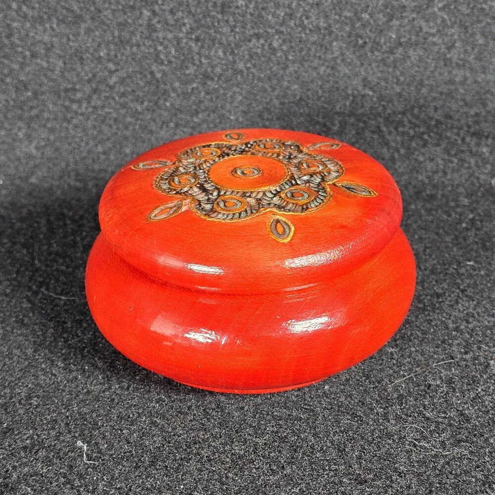 Vintage Polish Red Wooden Hand Carved Detailed Round Trinket Box 3x1.5 Inches